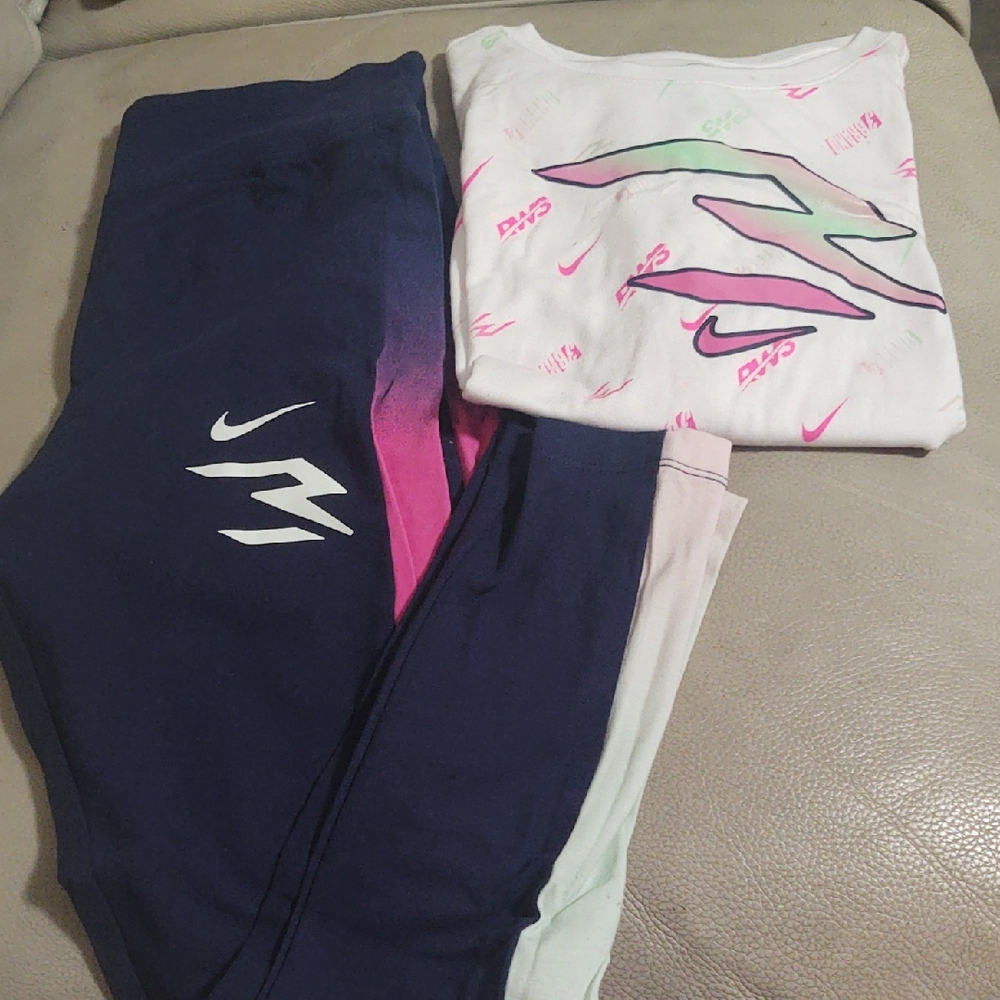 Nike Girl's Blue and Pink Leggings with White Tee